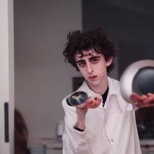 Image similar to timothee chalamet standing in my kitchen and eating a kidz bop cd, 3 5 mm photograph, cursed image, standing menacingly