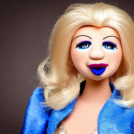 Prompt: beautiful cute blonde - haired blue - eyed female secret agent wearing silk - dress high - heels, lipstick as a muppet