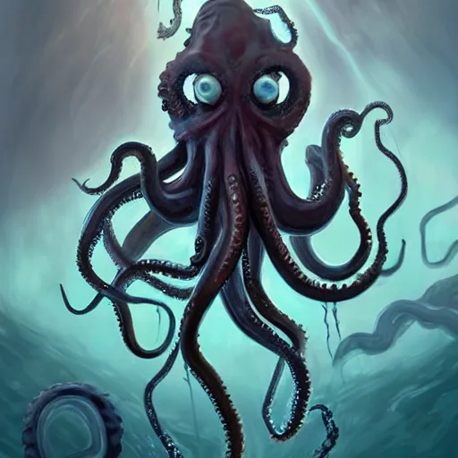 Image similar to an eldritch octopus holding swords in its tentacles, rising up out of water, fantasy art, concept art, illustration, artstation award, atmospheric, dramatic, action, waves