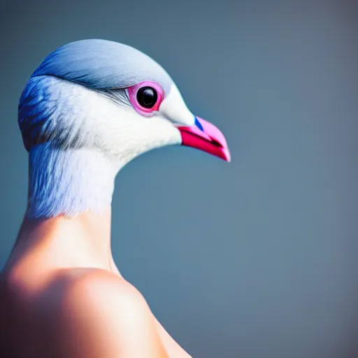 Image similar to beautiful humanized pigeon - girl in full growth, studio shot in style, professional photographer, many details, super realistic, high quality, 8 k