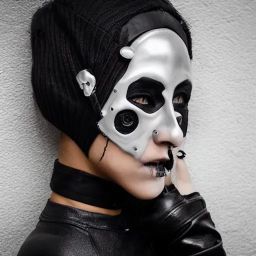 Image similar to very cool girl brilliant silver hair girl with a skull shaped ballistic face mask streetwear techwear cyberpunk style outfit full body nose piercing detailed portrait intricate comp