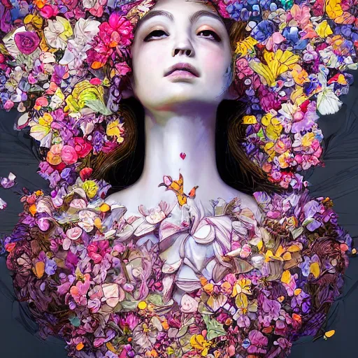 Prompt: the portrait of an absurdly beautiful, graceful, elegant, innocent woman made of petals looking up, an ultrafine detailed illustration by kim jung gi, irakli nadar, intricate linework, bright colors, octopath traveler, final fantasy, angular, unreal engine 5 highly rendered, global illumination, radiant light, detailed and intricate environment