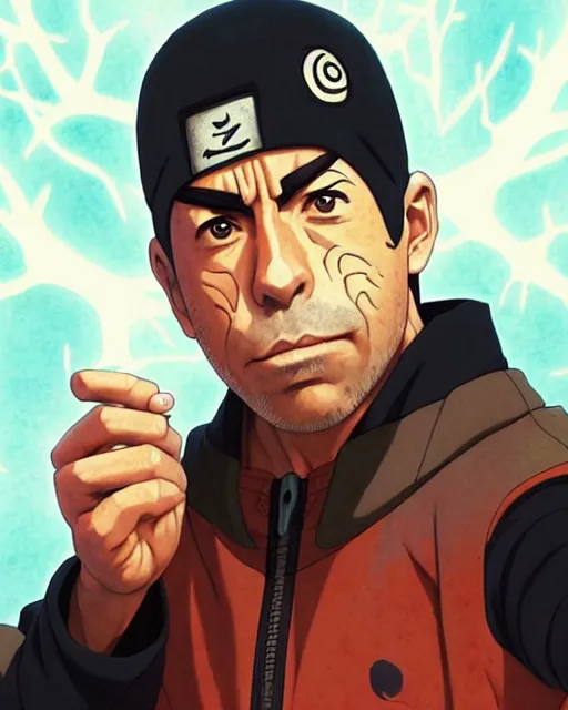 Image similar to joe rogan in naruto as a hidden leaf village ninja, close up portrait, details, sharp focus, illustration, by jordan grimmer and greg rutkowski, trending artstation, pixiv, digital art