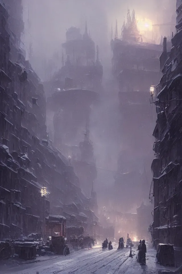 Image similar to highly detailed painting of dieselpunk stockholm, winter, snow, dystopia, by greg rutkowski, by raphael lacoste, 4 k resolution, trending on artstation