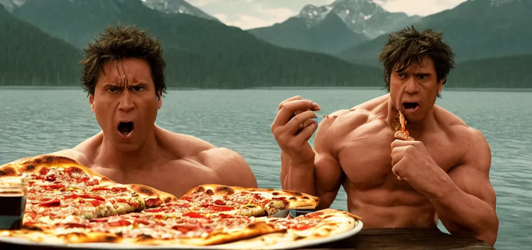 Image similar to a very high resolution image from a new movie. hulk eating pizza on a lake, photorealistic, photography, directed by wes anderson