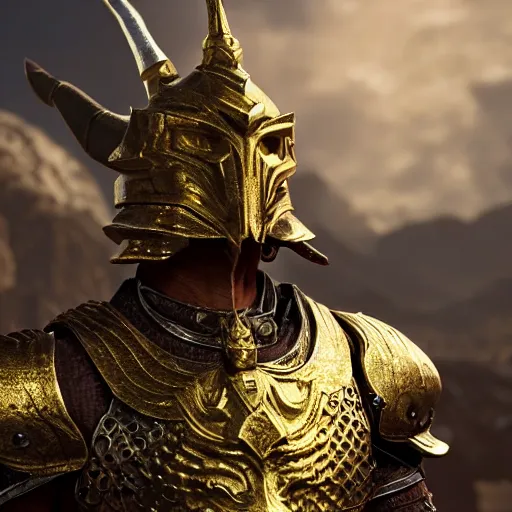 Prompt: 8k unreal engine render of a dragonborn paladin with golden scales from dungeons and dragons, fierce, symmetrical face, holy sword in his hands, gleaming armor, ancient persian city, insanely detailed, depth of field unreal engine ultra-wide angle lens, volumetric lighting, vivid color