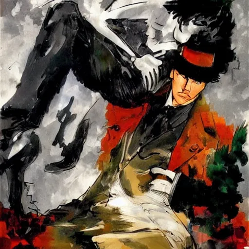 Image similar to corto maltese dreaming about valparaiso and tango, oil on canvas by dave mckean and yoji shinkawa