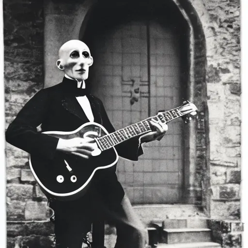 Image similar to vintage photograph of count orlok outside his castle, playing the blues on guitar, castle in the background, 4 k