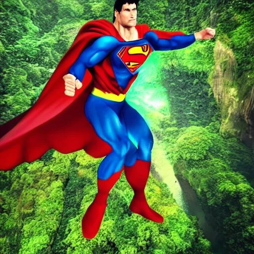 Prompt: captain planet fighting superman above a rainforest, 3 d render, hyper realistic, 4 k