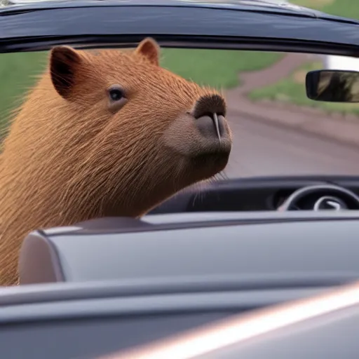 Image similar to capybara sitting in a convertible, octane render, photorealism, cgsociety