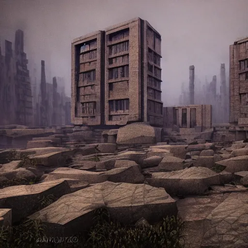 Image similar to a surrealistic oil painting of brutalism rock fractals in style of old soviet town, grimdark, 4k, ultra detail, volumetric lighting, unreal engine, octane render