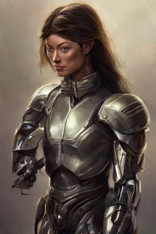 Image similar to a professional painting of a young Olivia Wilde, clothes in military armor, olive skin, long dark hair, beautiful bone structure, symmetrical facial features, intricate, elegant, digital painting, concept art, smooth, sharp focus, illustration, from StarCraft by Ruan Jia and Mandy Jurgens and Artgerm and William-Adolphe Bouguerea