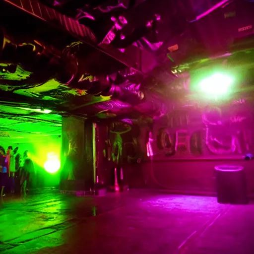 Prompt: underground club, secret, cyberpunk dance music, lights, ambiance