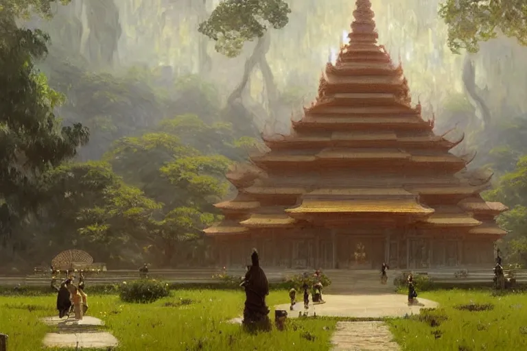 Image similar to temple. buddhism, impressionnisme, painting by greg rutkowski, artgerm, claude monet