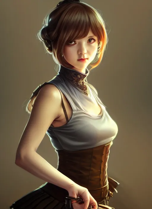 Image similar to portrait of a full body of beautiful young female detective, d & d, sleeveless turtleneck, pleated skirt, fantasy, flat lighting, intricate, highly detailed, digital painting, artstation, concept art, smooth, sharp focus, illustration, misa amane, art by simon bisley and greg rutkowski and alphonse mucha, natural tpose