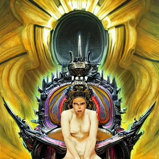 Image similar to Alien Queen sits on the throne, very colourful, highly detailed, black horror, H.R. Giger, artstation, intricate, smooth, sharp focus, bright, happy, illustration, art by Artgerm and Greg Rutkowski and Alphonse Mucha and Yuumei, good clear quality, lighting, biology, symmetrical artwork, perfect face, 135 mm, cinematic, hyper realism, glittering ice, dark, moonlight, high detail, octane render, 8k, crimson highlights