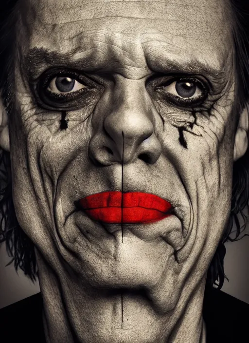 Prompt: photo of Steve Buscemi as the Joker by Eolo Perfido and Lee Jeffries, big smile, head shot, detailed, award winning, Sony a7R