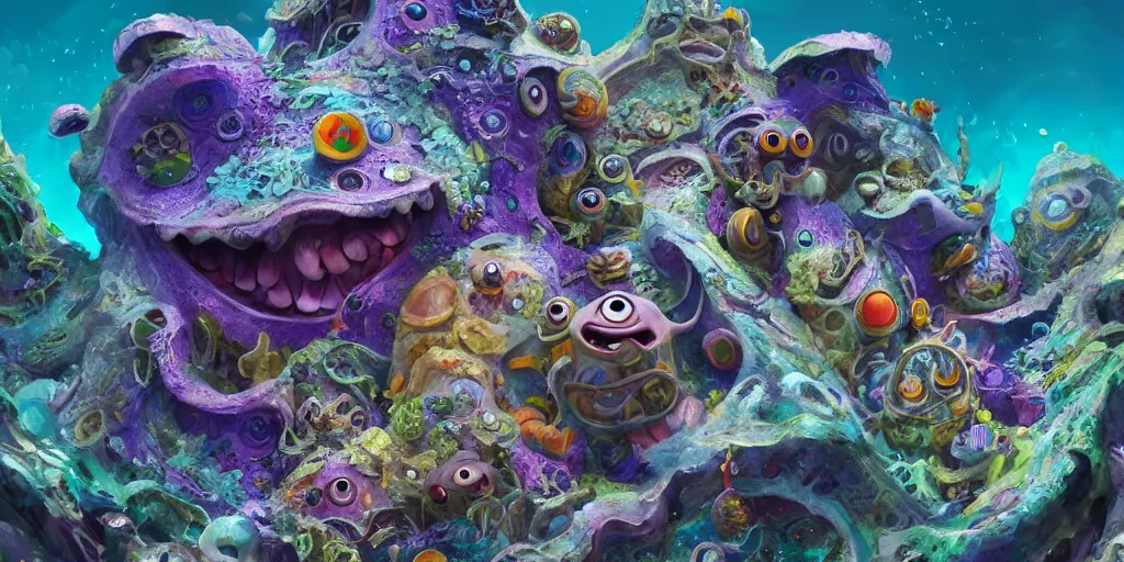 Image similar to of an intricate sea reef with strange cute friendly happy creatures with huge eyes, mouth, long tongue, round teeth and goofy face, appearing from the background, in the style of gehry and gaudi, macro lens, shallow depth of field, ultra detailed, digital painting, trending artstation, concept art, illustration, cinematic lighting, photorealism, epic, octane render