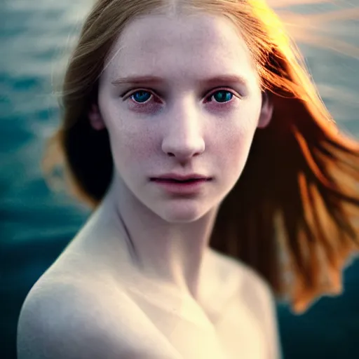 Prompt: photographic portrait of a stunningly beautiful english renaissance female, translucent eyes, god rays in soft dreamy light at sunset, beside the river, soft focus, contemporary fashion shoot, hasselblad nikon, in a denis villeneuve movie, by edward robert hughes, annie leibovitz and steve mccurry, david lazar, jimmy nelsson, hyperrealistic, perfect face