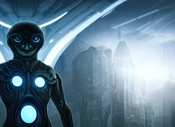 Image similar to medium shot, an alien with beautiful glowing eyes, detailed symmetrical face and skin, wearing a long flowing cloth shirt over stylish large futuristic suit poses beside an outpost with tall detailed structures with lights at night, incredible detail, anamorphic 2 0 mm lens cinematic flare