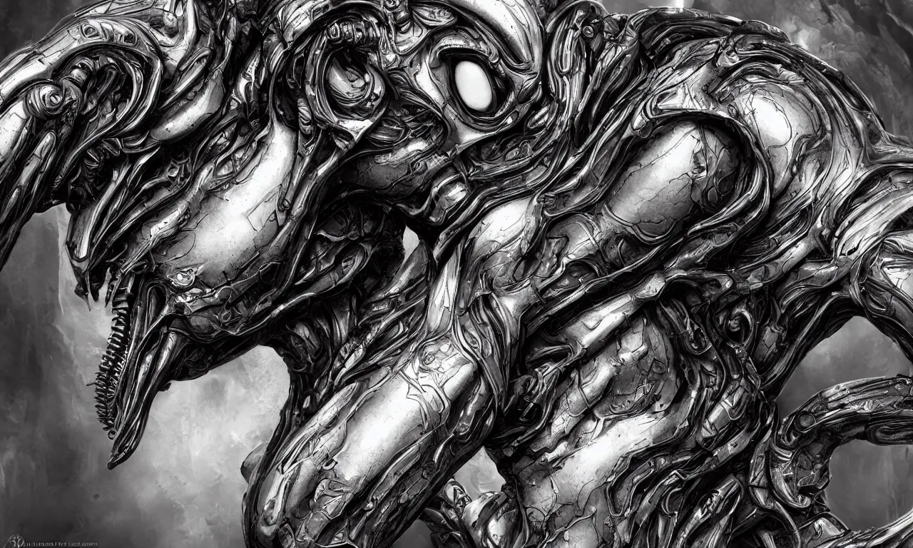 Image similar to engineer prometheus face by Artgerm, xenomorph alien, highly detailed, symmetrical long head, smooth marble surfaces, detailed ink illustration, raiden metal gear, cinematic smooth stone, deep aesthetic, concept art, post process, 4k, carved marble texture and silk cloth, latex skin, highly ornate intricate details, prometheus, evil, moody lighting, hr geiger, hayao miyazaki, indsutrial Steampunk