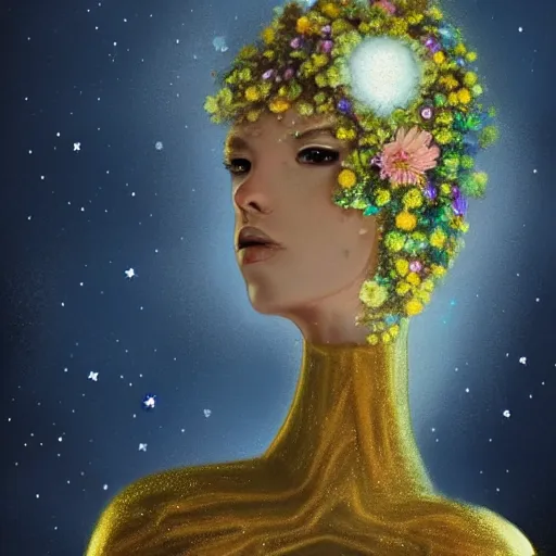 Image similar to man made of beautiful flowers and stars. fantasy art. trending on artstation. 4 k. pastel. golden foil. elegant