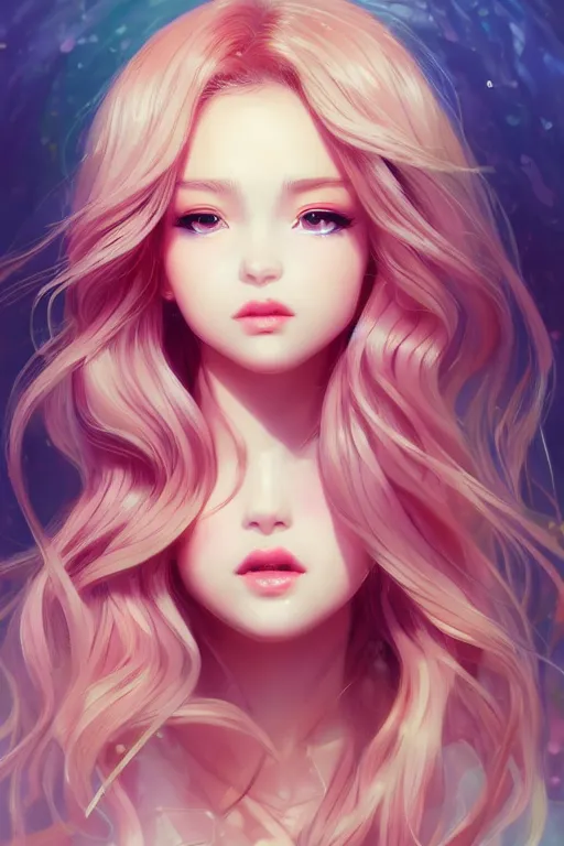 Prompt: extremely beautiful female portrait, accelerated perspective wavy hair, dof skin, pinky + lovely background, soft light detailed illustration by ilya serafleur / kuvshinov / rossdraws / tian zi, art style by shinkai makoto, studio ghiblisharp focus, moody lighting from top, vibrant pupils, lipstick on lips, d & d fantasy race