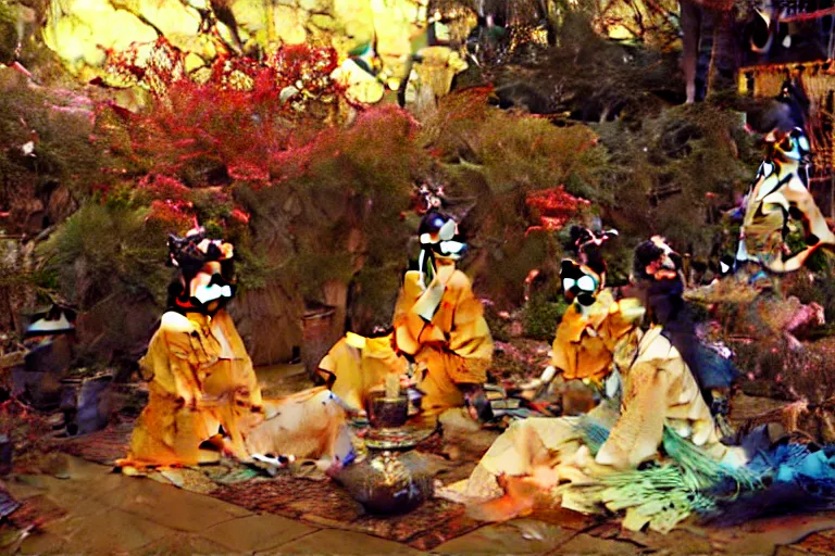 Image similar to wuxia, autumn, people drinking tea in garden, neon light, apricot flower falling, painting by gaston bussiere, craig mullins, j. c. leyendecker