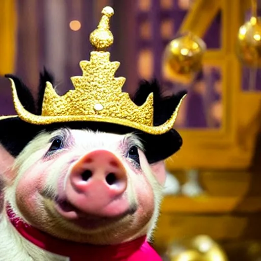 Prompt: pig wearing a gold crown in the style of sesame street