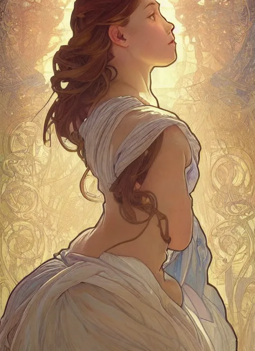 Image similar to digital character concept art by artgerm and greg rutkowski and alphonse mucha. clear portrait of a modestly clothed young wife blessed by god to uncontrollably become overwhelmingly perfect!! blonde, obviously full - figured holy body!! light effect. hyper detailed, glowing lights!! intricate, elegant, digital painting, artstation, smooth, sharp focus