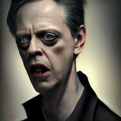 Image similar to hyperrealistic mixed media image of Steve Buscemi as a vampire, stunning 3d render inspired art by István Sándorfi and Greg Rutkowski, perfect facial symmetry, realistic, highly detailed attributes and atmosphere, dim volumetric cinematic lighting, 8k octane extremely hyper-detailed render, post-processing, masterpiece,