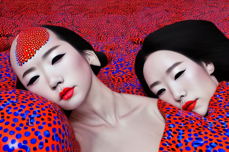 Prompt: hyperrealistic detailed image of a geisha laying in a art installation, interior by yayoi kusama, part by kei mieno, part by alex gray, part by ross tran, part by james jean, ultra realistic, highly detailed, life like face, detailed body, 8 k, octane render, trending on artstation, very cohesive, masterpiece