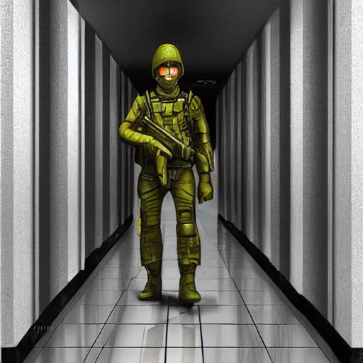 Prompt: futuristic soldier, in a futuristic hallway, digital art