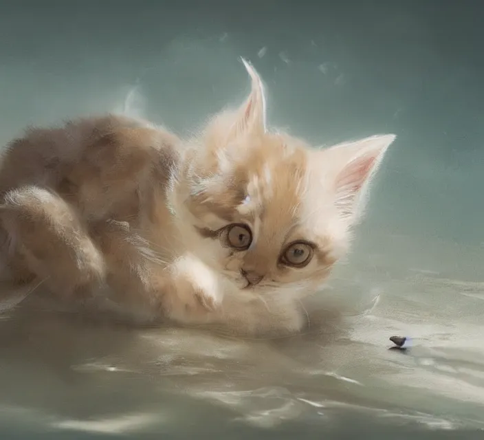 Image similar to a painting of a cute light beige brown kitten at a river. fur pattern. character design by cory loftis, fenghua zhong, ryohei hase, ismail inceoglu and ruan jia. volumetric light, detailed, rendered in octane