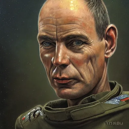 Image similar to id photo of a space officer in military outfit, art by tomasz alen kopera