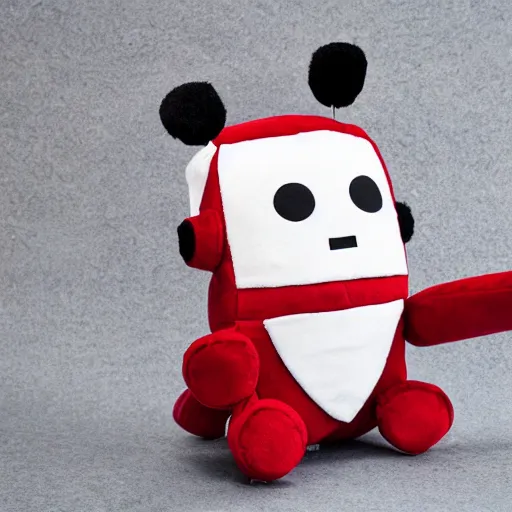 Prompt: a plush robot toy holding a bloody knife. Product photo.