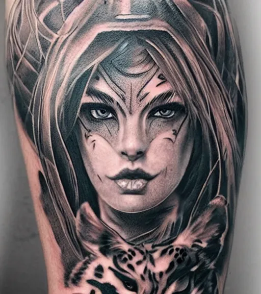 Image similar to tattoo design on white background of a beautiful girl warrior, tiger head above, hyper realistic, realism tattoo, by eliot kohek, beautiful eyes, realistic face, black and white