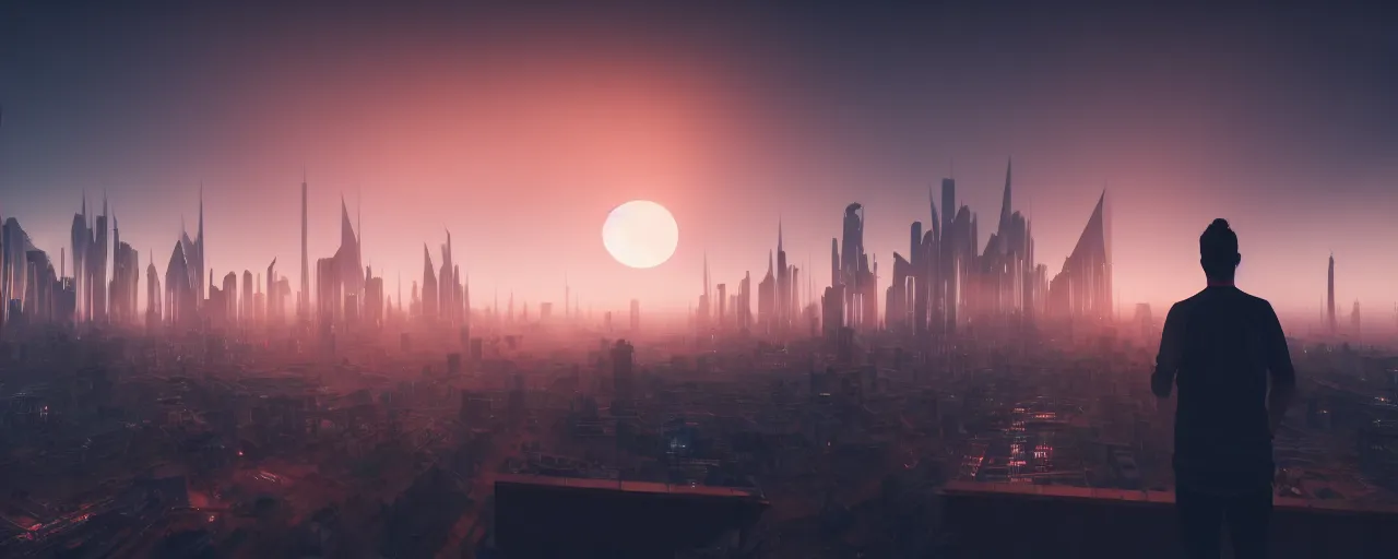 Prompt: man staying on the build edge and watching sunset over big futuristic city, high detailed, unreal engine, depth of field, fog