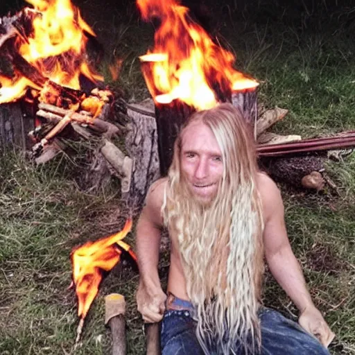 Prompt: photo of hillbilly with long blonde hair around a bonfire, symmetric face