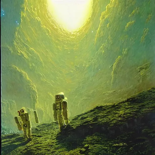 Image similar to astronauts exploring alien ruins, green mist atmosphere, art by bruce pennington