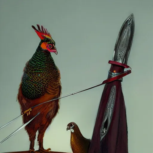 Prompt: a pheasant is girded with a belt, a sword hangs on the belt, by lily seika jones , rivuletpaper art, top cinematic lighting, cinematic mood, very detailed, shot in canon, by Viktor Vasnetsov, oil painting, harsh fairy tale, soft style, hyperrealism, beautiful, high resolution, trending on artstation,
