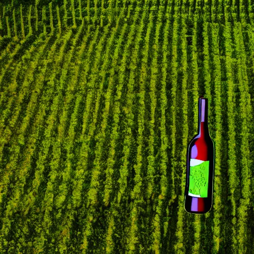 Prompt: aerial view photography of crop cut in shape of wine bottle laying dawn, drawn in the crop