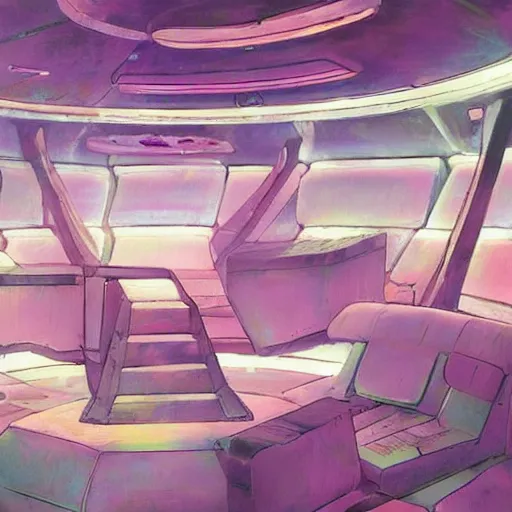 Image similar to faster than light travel, interior of this cute pastel fluffly spaceship, cluttered panels intricate electronics painterly impression of this glowing impasto trending on pixiv scene, interesting glowing fuzzy unclear where am i inside spaceship interior