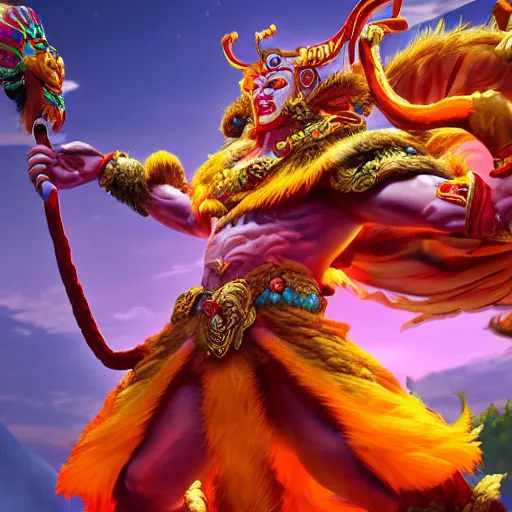 Prompt: a digital art piece of monkey king from dota 2 by the radiant side of the river, beautiful, vibrant, 4 k, 8 k, maya, unreal engine, artstation