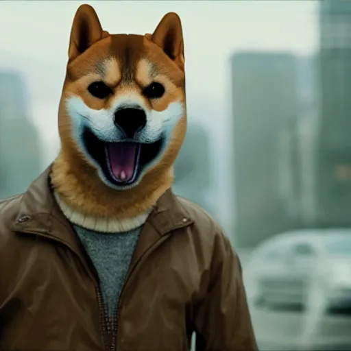 Prompt: A man in post-apocalyptic clothes wearing a latex mask of a Shiba Inu as Robert Neville in I Am Legend (2007), film grain, dof, chromatic aberration