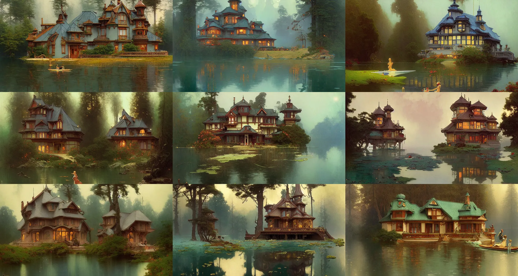 Prompt: very small lake house, art nouveau architecture, fantasy, art by joseph leyendecker, peter mohrbacher, ivan aivazovsky, ruan jia, reza afshar, marc simonetti, alphonse mucha