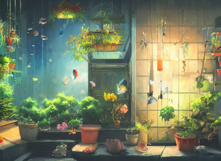 Image similar to anime background clean neat clarity professional visual development set design, tiny cozy store with hanging bird cages and bright fish aquariums, sparse plants, dim painterly lighting volumetric aquatics, impasto, trending on pixiv