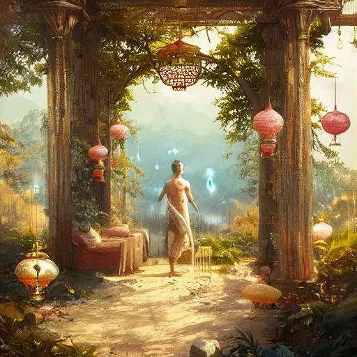 Image similar to painting of a god of wind enjoying his heavenly palace, decorated with windchimes and paper lanterns, stunning nature in background, art by greg rutkowski, cinematic