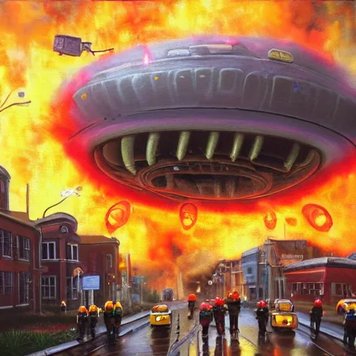 Prompt: hyperrealistic oil painting of the aliens invading earth at the rainy day all the people are running the street are ruined the buildings are on fire and the aliens are shooting laser guns 3 d