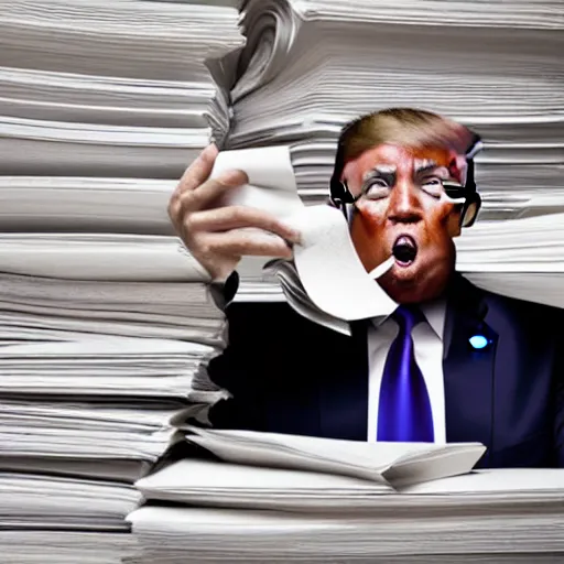 Prompt: candid portrait photo of president trump shoving a wad of paper into his mouth, eating stacks of paper, detailed portrait, 4 k, megapixel, sony a 7 s, f / 8, 2 4 mm lens, ap photo